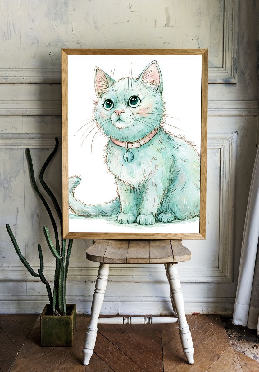 Mint Kitten Watercolor Poster. room preview