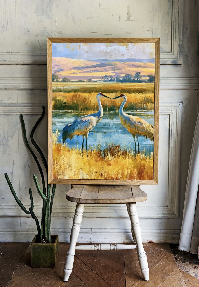 Crane Pair Wetland Landscape Poster. room preview