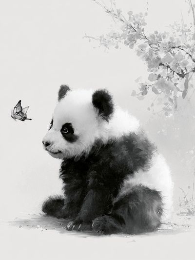 Panda Cub and Butterfly Ink Print.