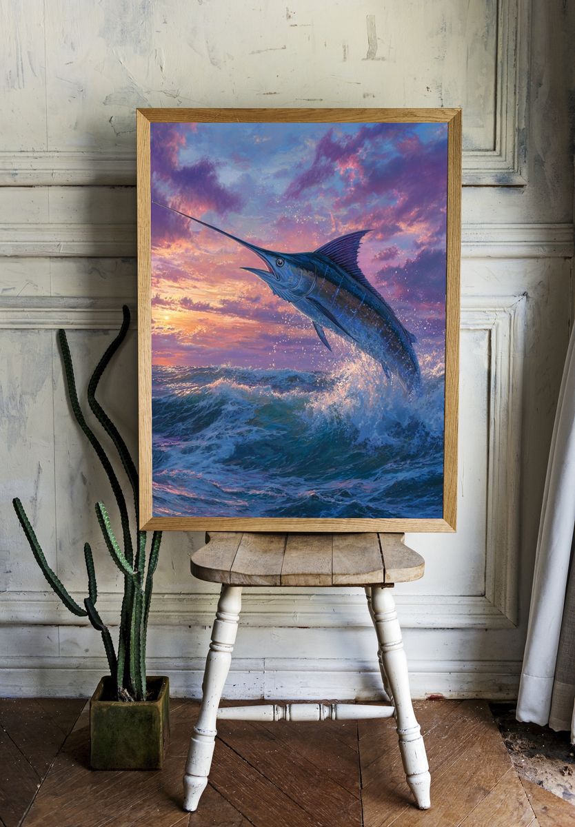 Leaping Marlin Sunset Print. room preview