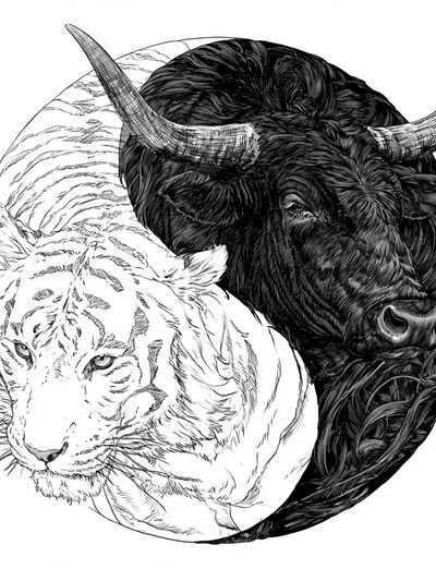 Yin Yang Tiger and Bull Illustration Poster.