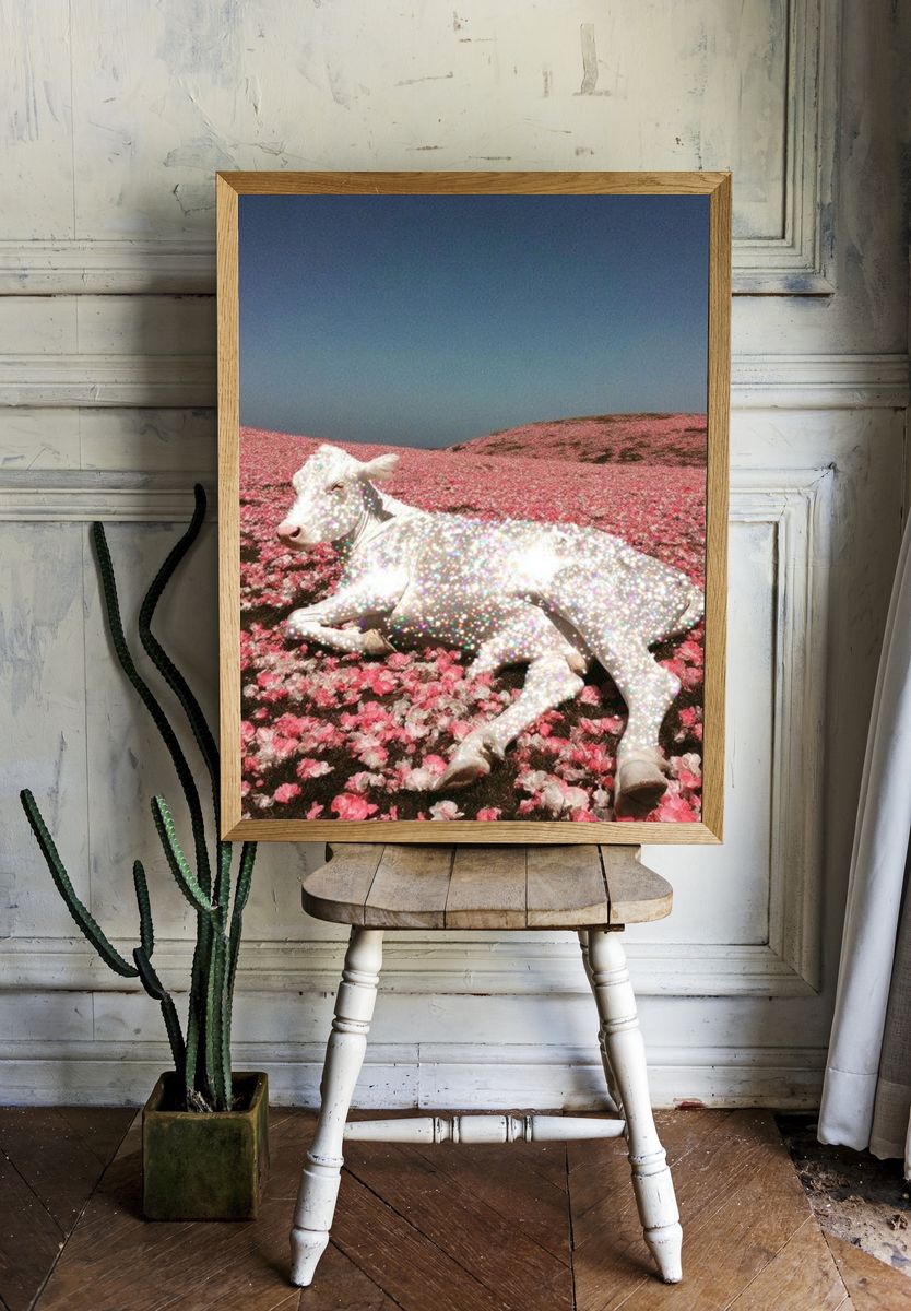 Sparkling Cow in Flower Field Print. room preview