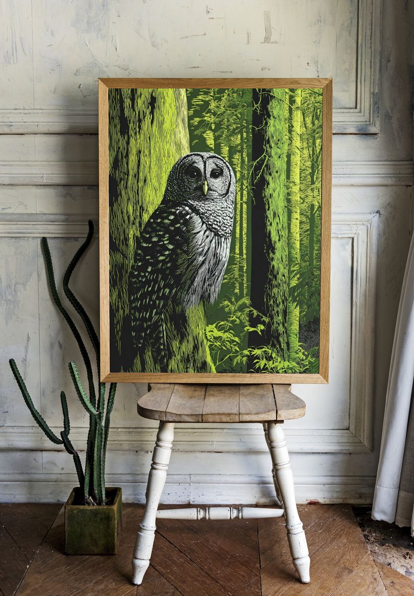 Owl in Neon Forest Illustration Poster. room preview