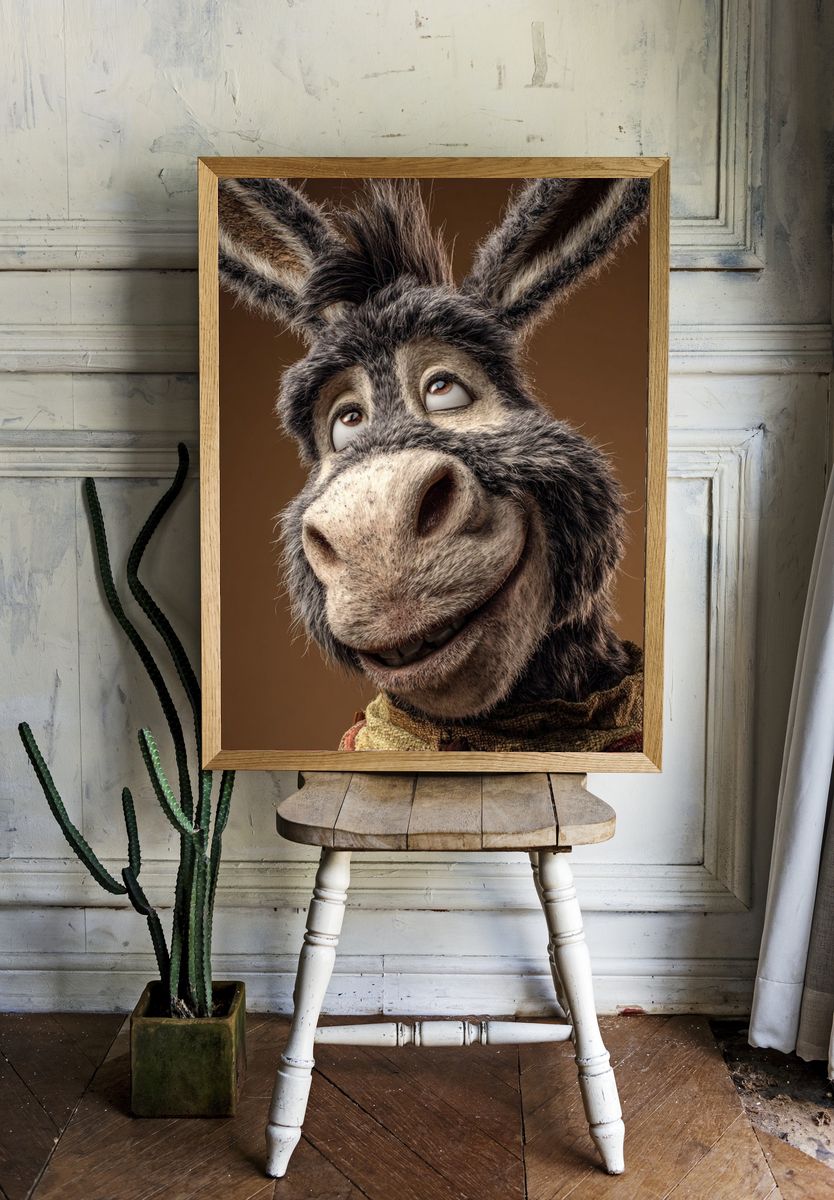 Smiling Donkey Portrait Print. room preview