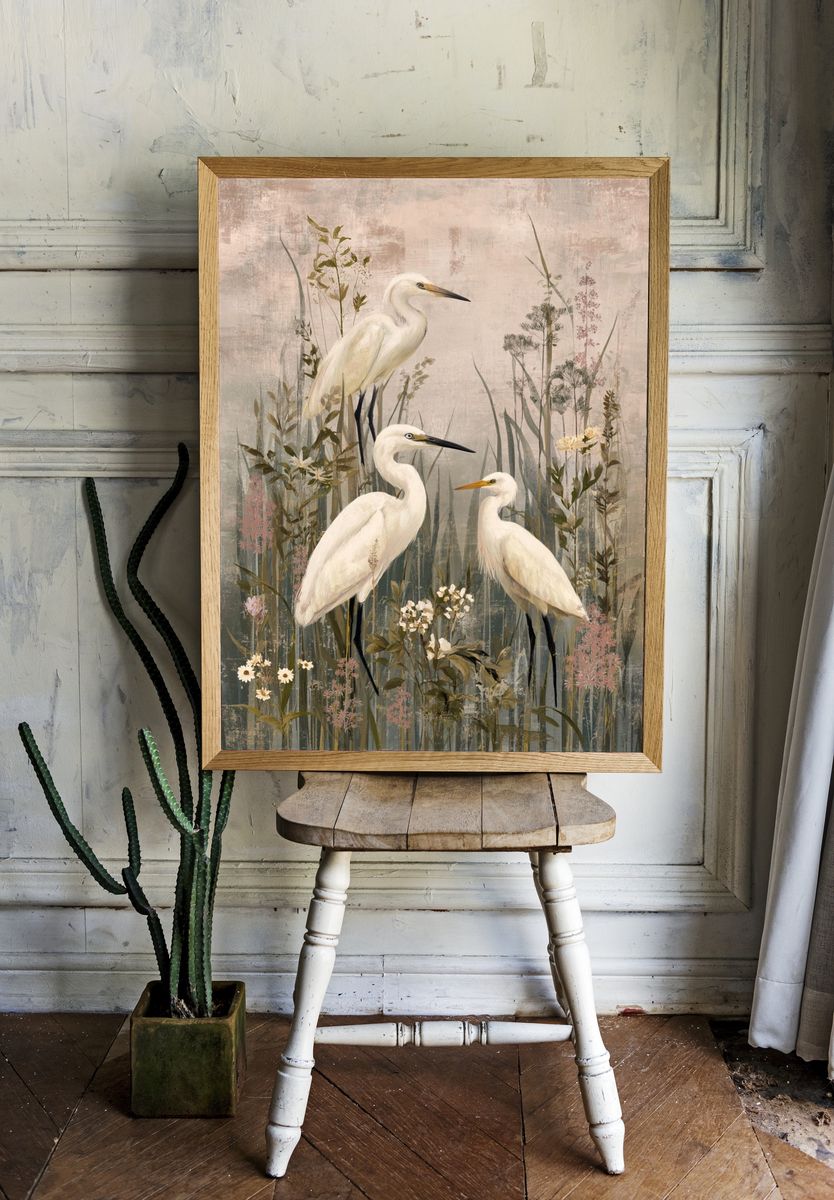 Egrets in Meadow Illustration Poster. room preview
