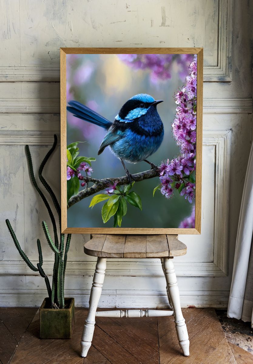 Blue Wren Blossom Poster. room preview