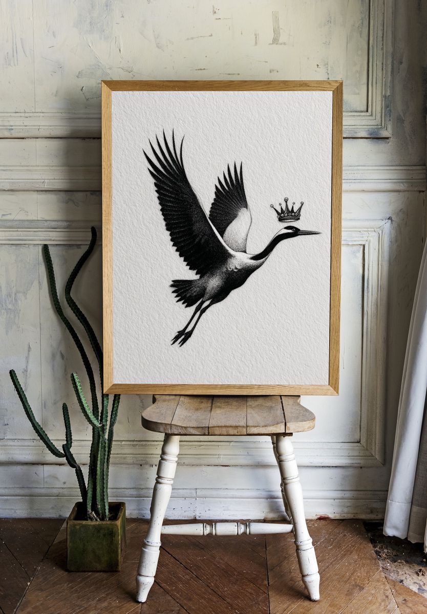 Crowned Crane Ink Poster. room preview