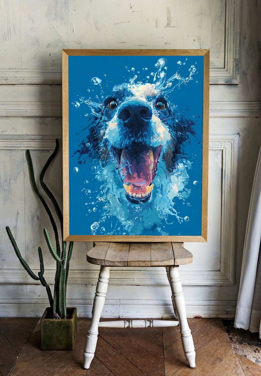 Splashing Dog Portrait Print. room preview