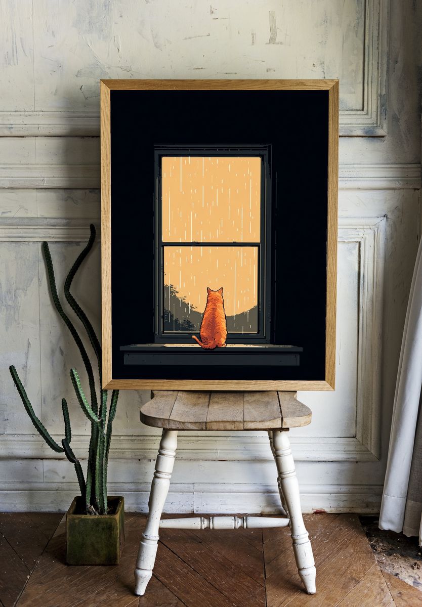 Rainy Window Cat Illustration Poster. room preview