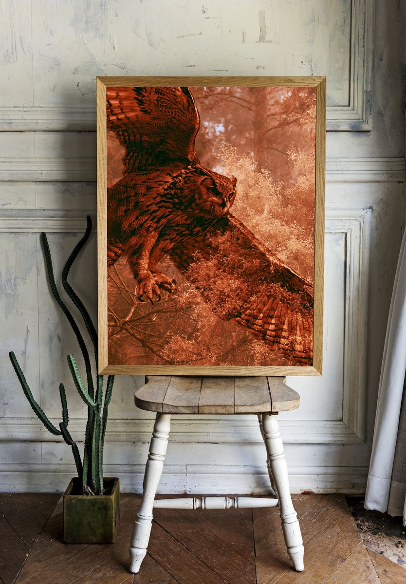 Flying Owl Forest Poster. room preview