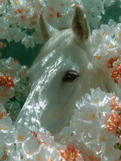 White Horse in Blossoms Photography Poster.