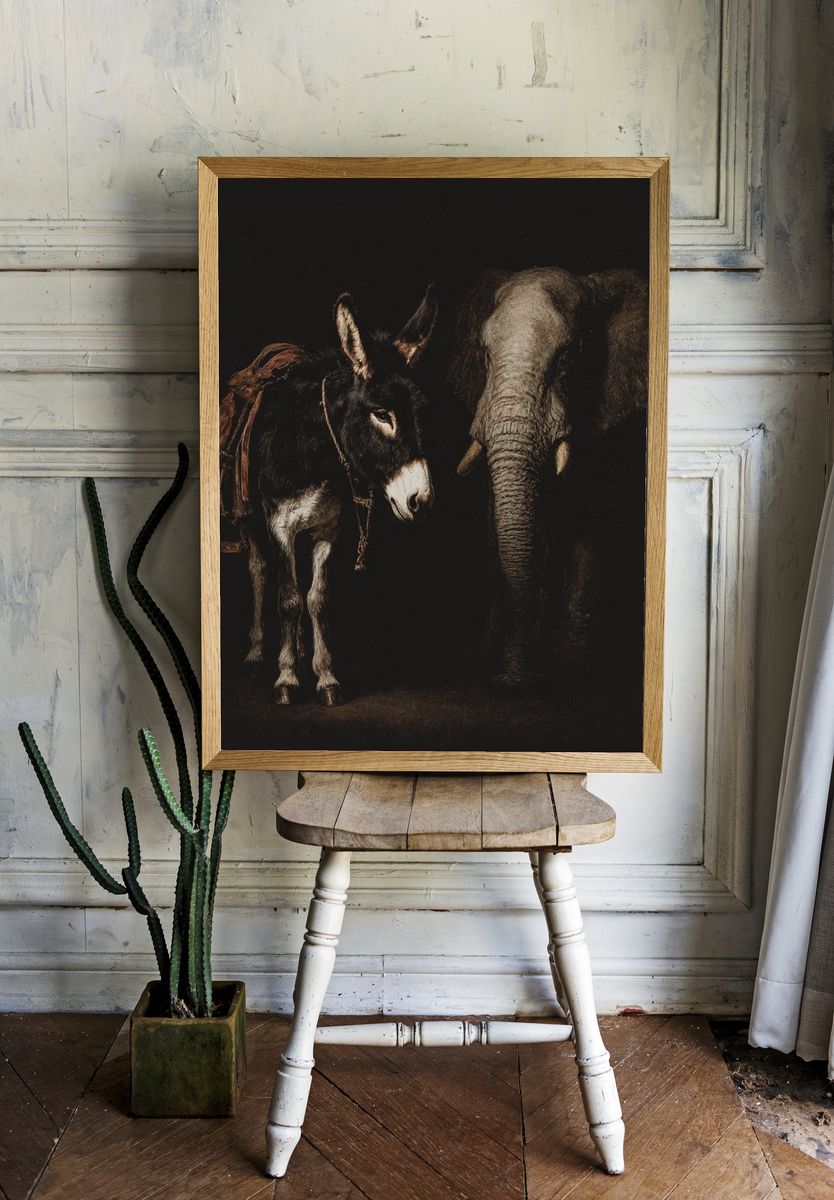 Donkey and Elephant Portrait Print. room preview