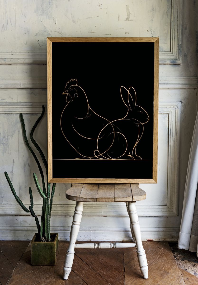 Chicken and Rabbit Line Art Poster. room preview