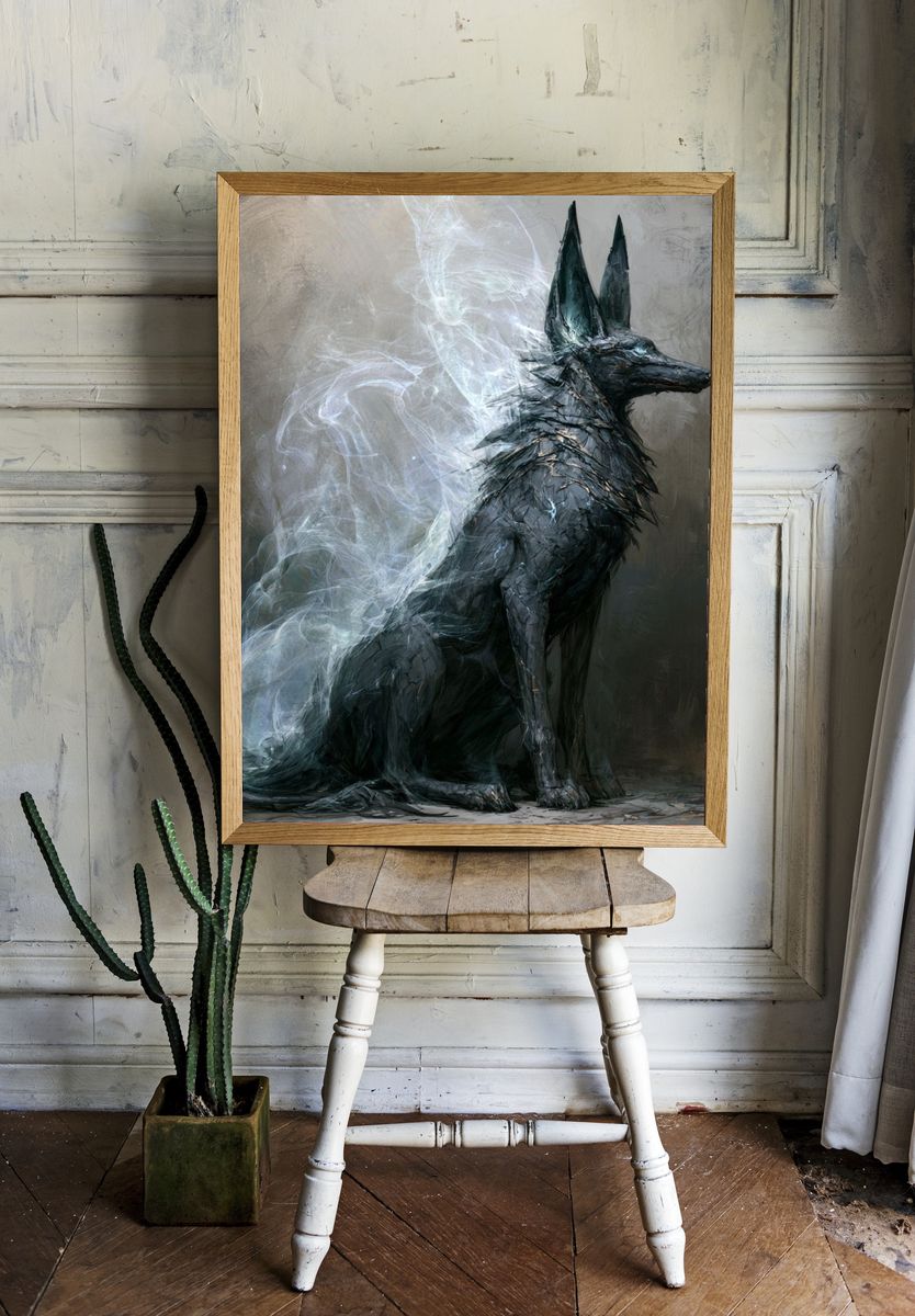 Mystic Black Wolf Digital Art Poster. room preview