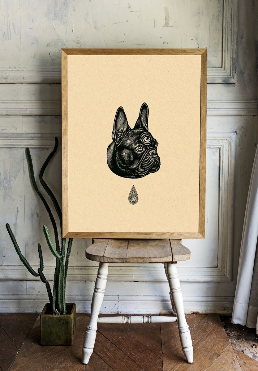 French Bulldog Surreal Ink Poster. room preview
