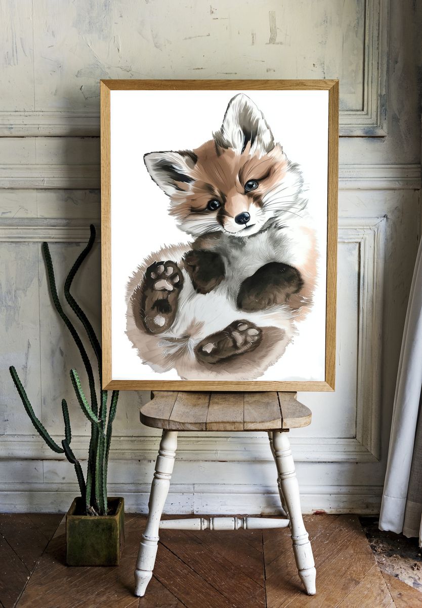 Baby Fox Watercolor Print. room preview