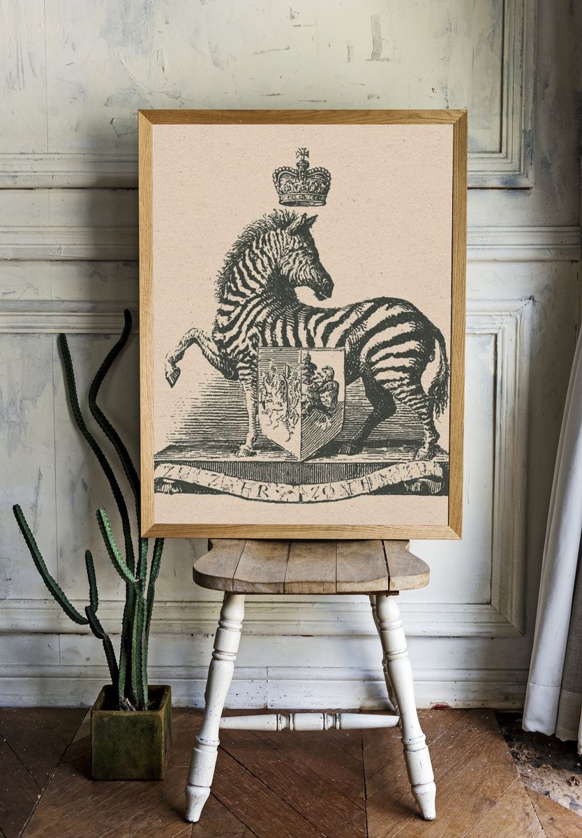 Crowned Zebra Vintage Print. room preview