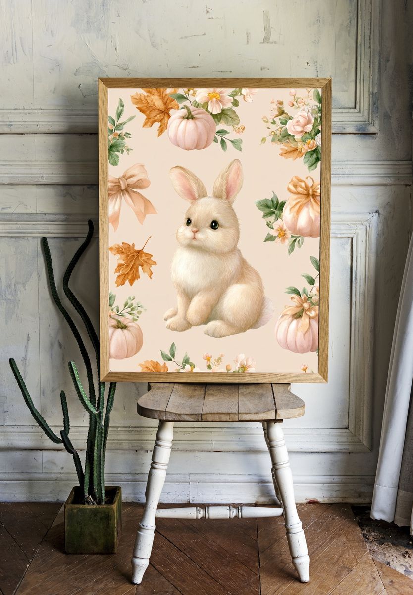 Bunny and Pumpkins Watercolor Poster. room preview