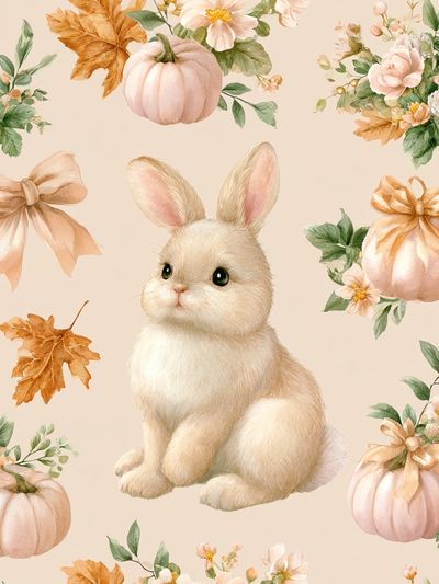 Bunny and Pumpkins Watercolor Poster.