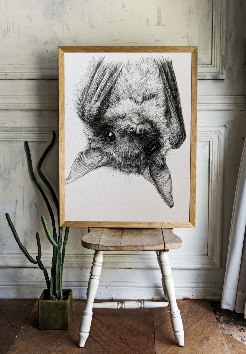 Upside-Down Bat Portrait Print. room preview