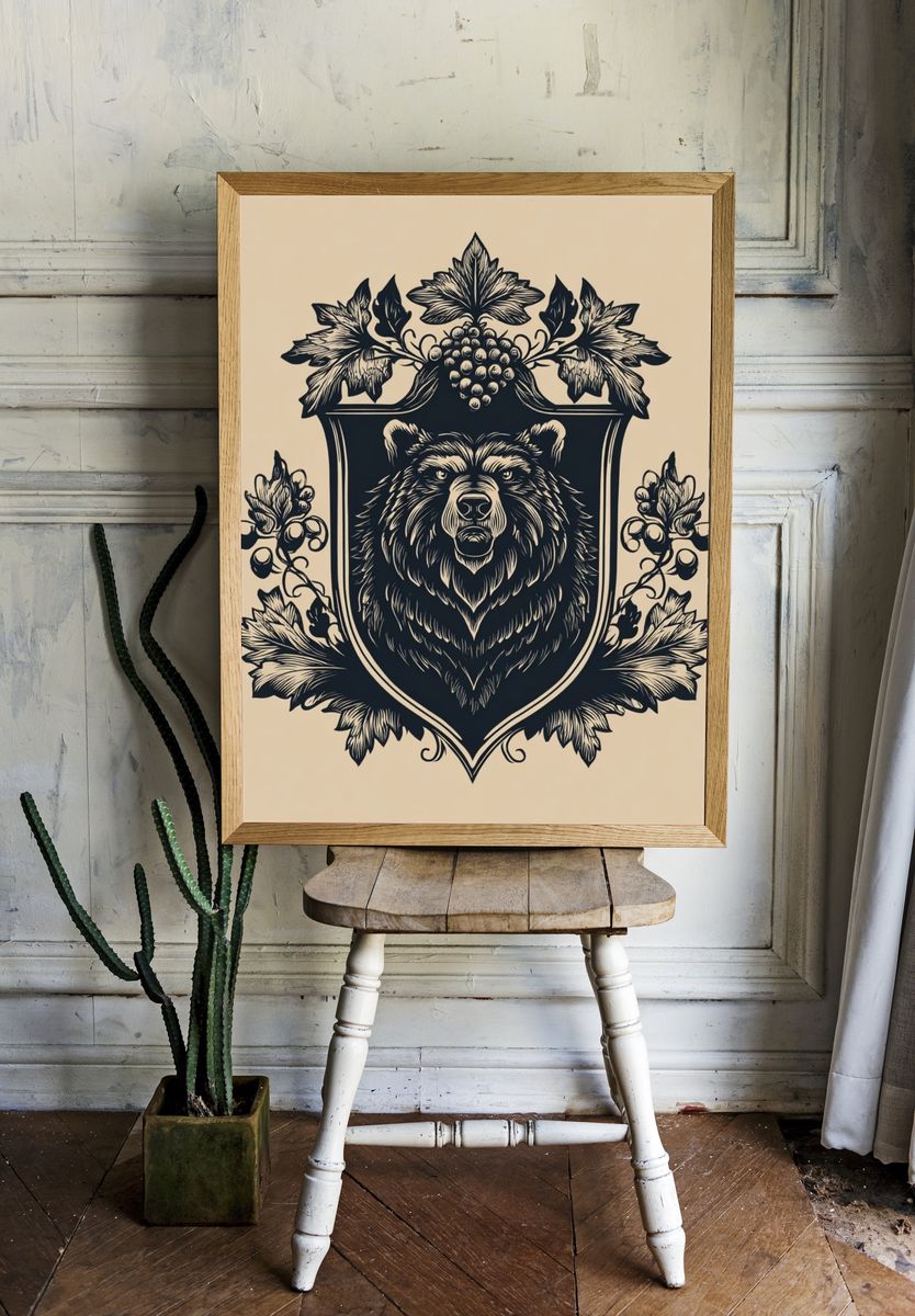Bear Crest Vintage Print. room preview