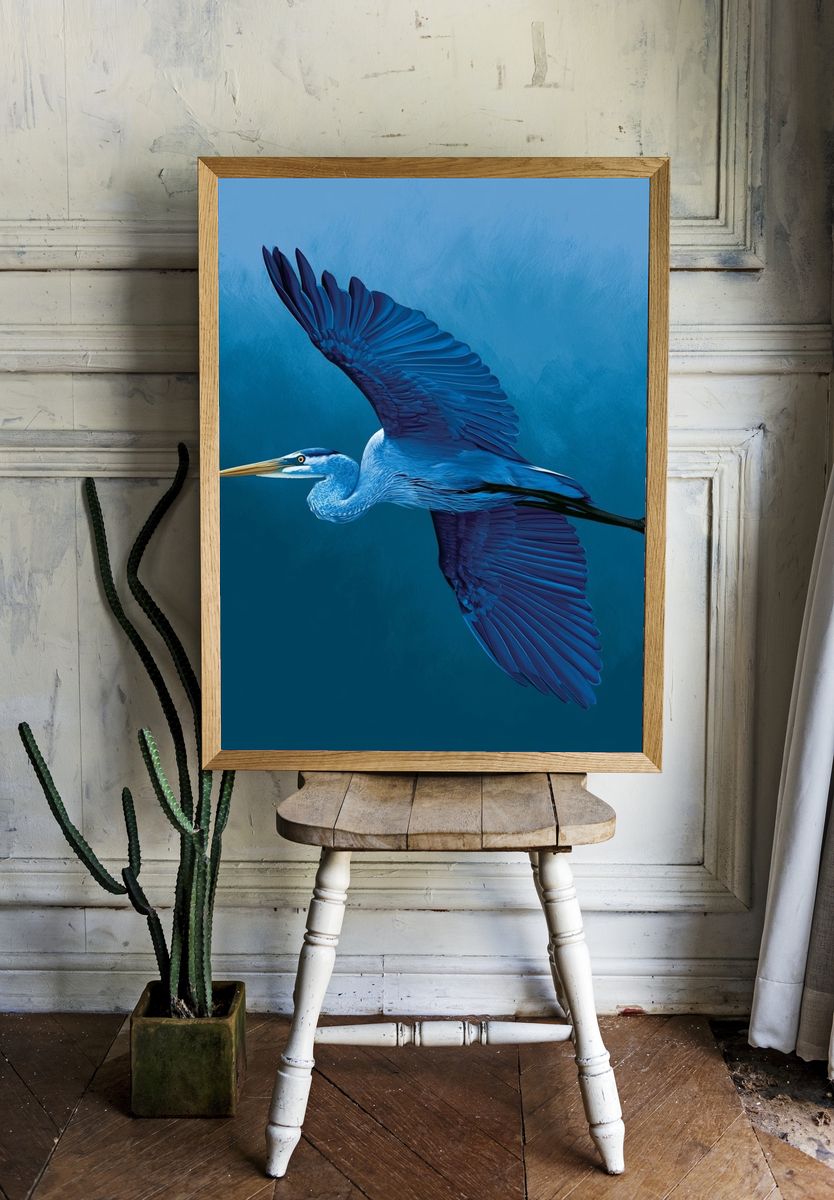 Blue Heron Flight Poster. room preview