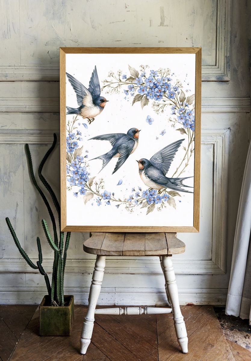 Swallows and Blue Flowers Watercolor Poster. room preview