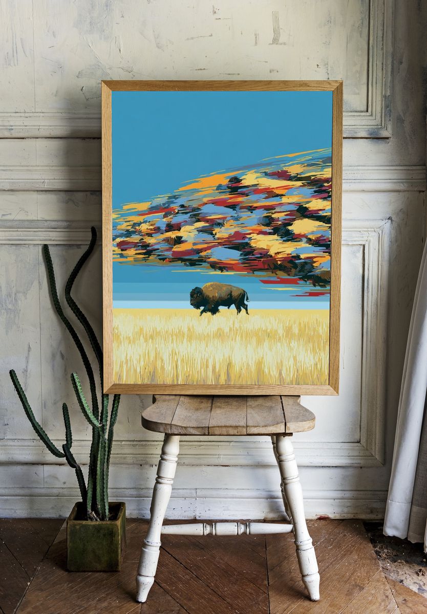 Bison Prairie Sky Illustration Poster. room preview