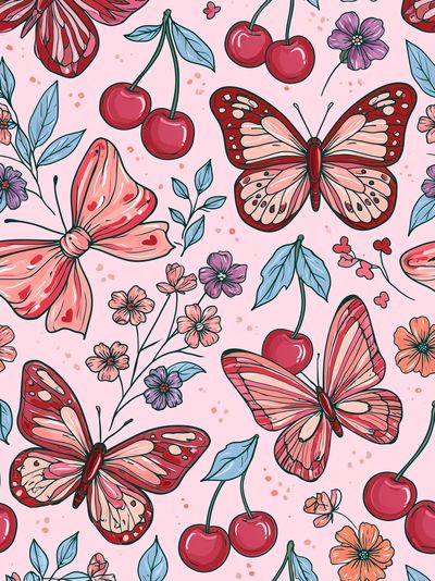 Cherry Butterfly Floral Print. poster print