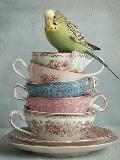 Budgie Teacup Stack Illustration Print.