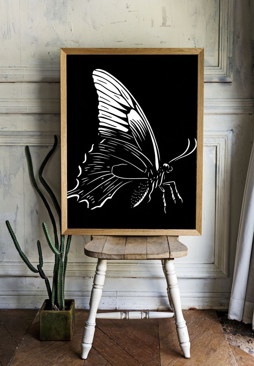 Monochrome Butterfly Line Art Poster. room preview
