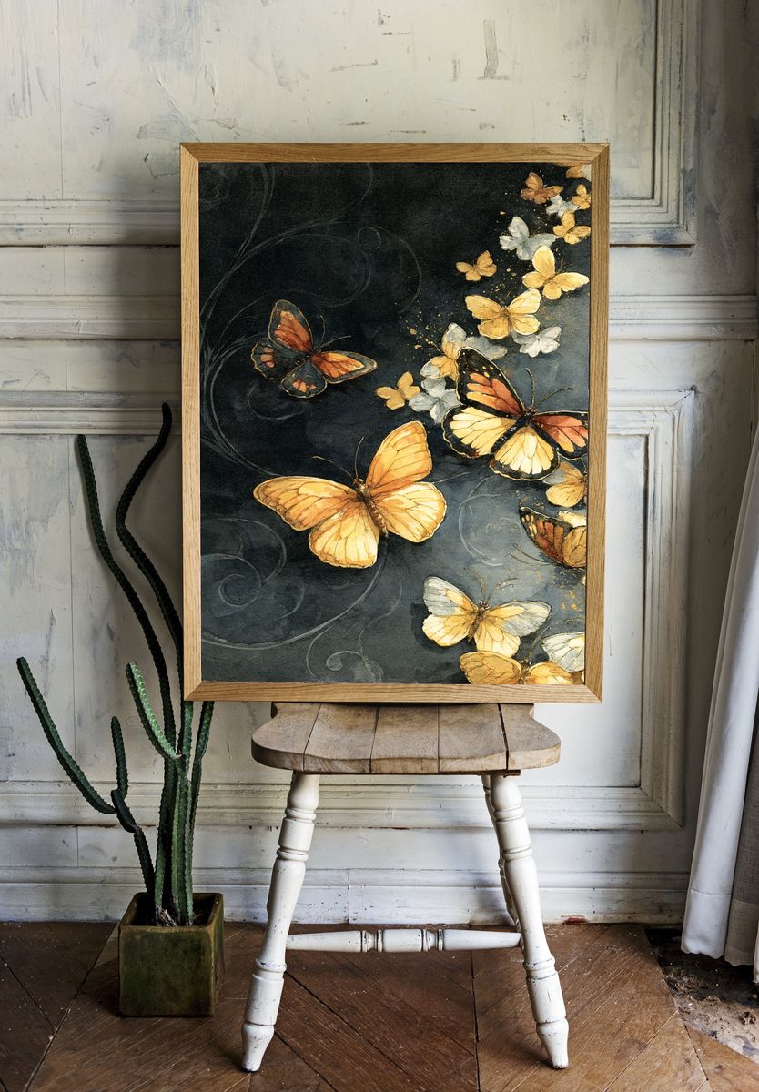 Golden Butterflies Watercolor Poster. room preview