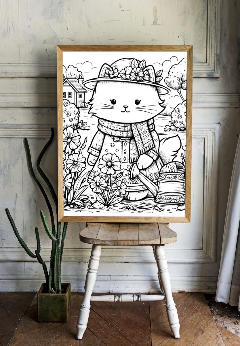 Garden Cat Coloring Poster. room preview