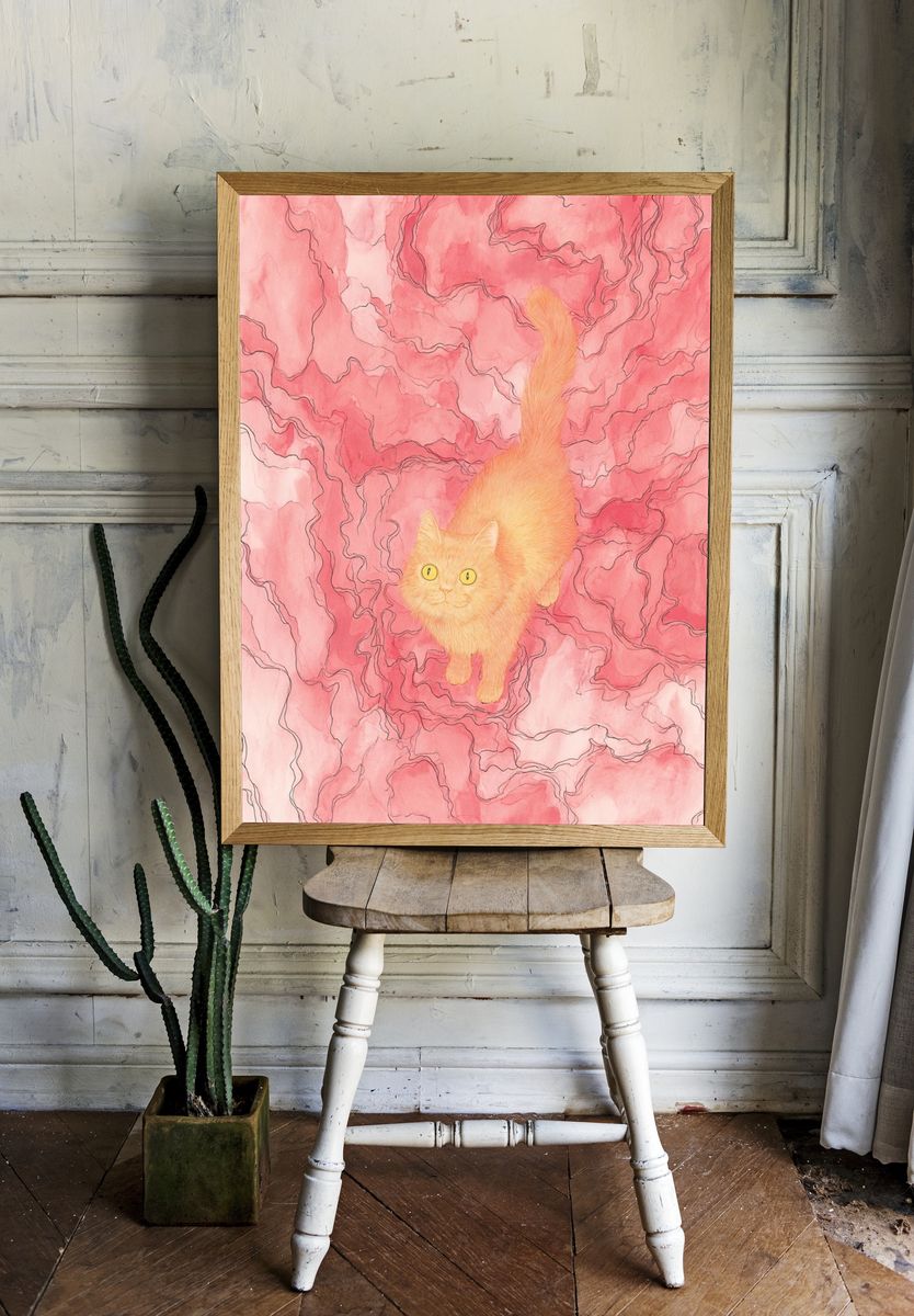 Pink Cat Dreamscape Illustration Poster. room preview
