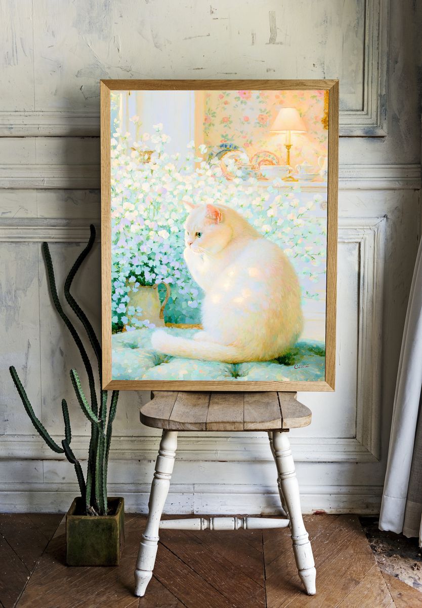 White Cat in Floral Room Poster. room preview