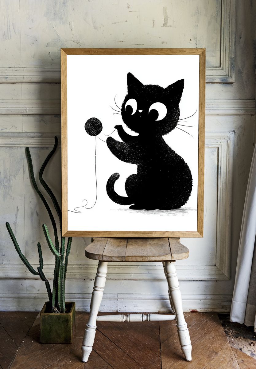 Playful Black Cat Illustration Poster. room preview