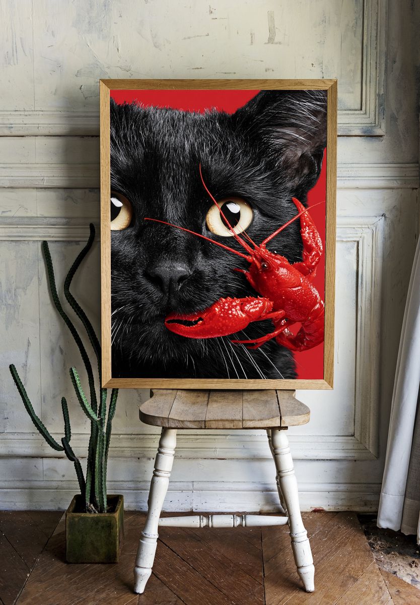 Black Cat and Lobster Surreal Print. room preview