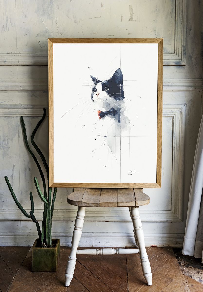 Tuxedo Cat Watercolor Poster. room preview