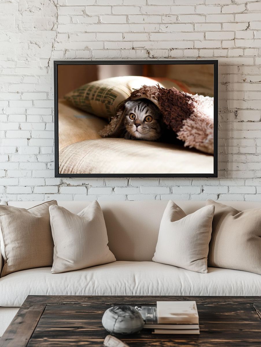 Cute cat hiding blanket. Original. room preview