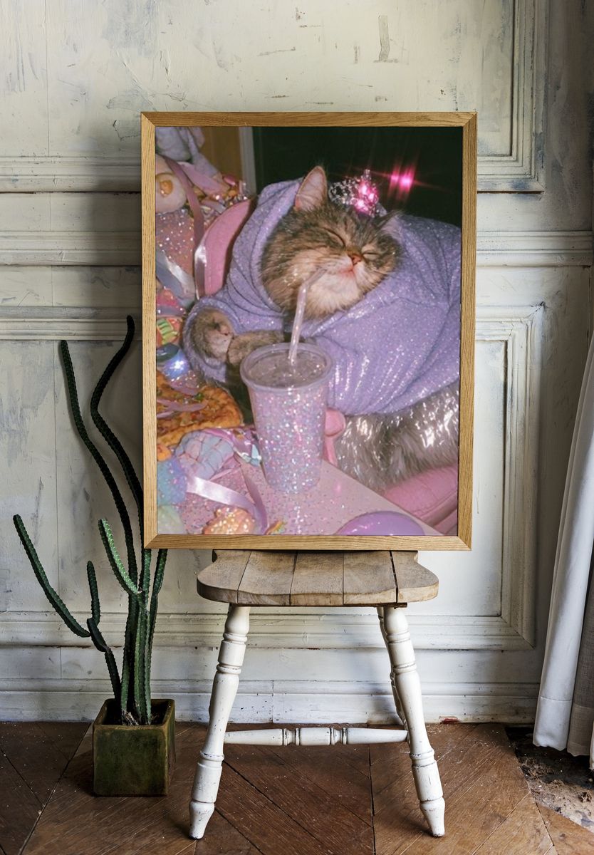 Sparkly Cat in Lavender Hoodie Poster. room preview