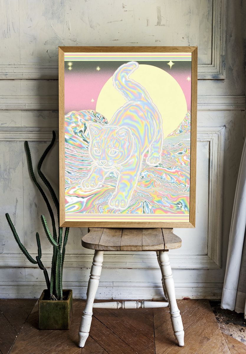 Psychedelic Cat Dreamscape Poster. room preview