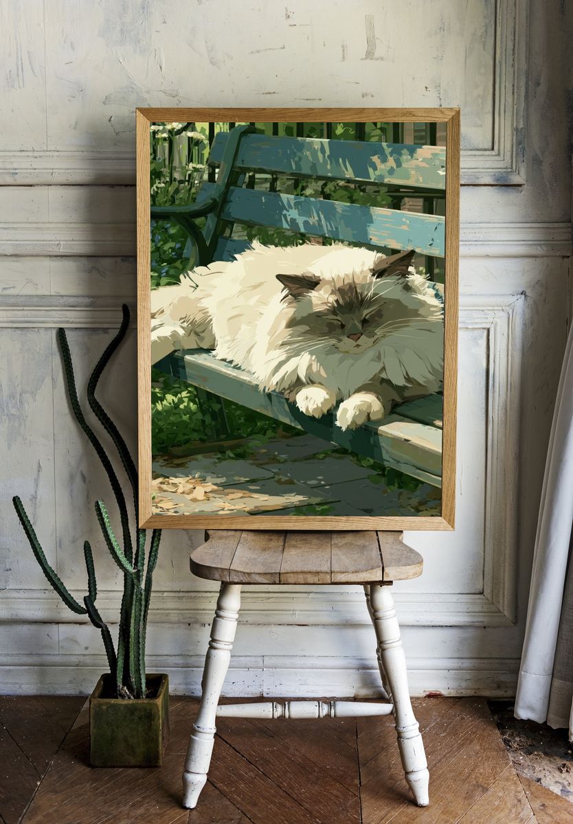 Fluffy Cat on Garden Bench Poster. room preview