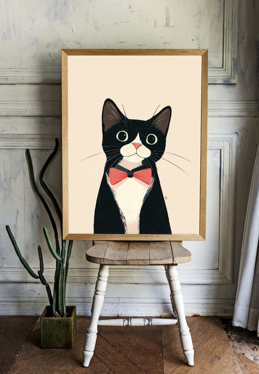 Tuxedo Cat Bow Tie Illustration Poster. room preview