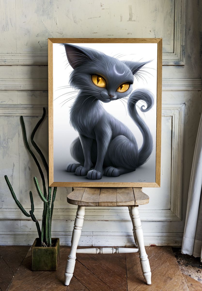 Mystic Gray Cat Illustration Poster. room preview
