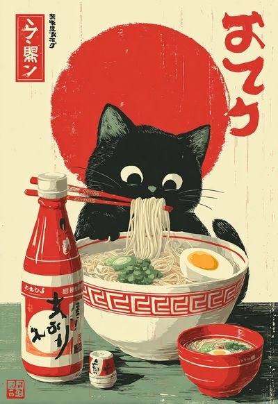 Japanese Cat Ramen Vintage Print.