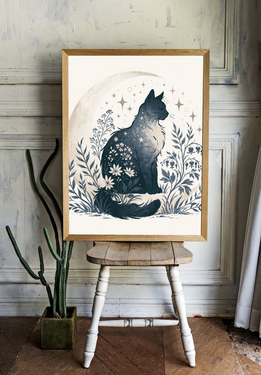 Moonlit Cat Botanical Print. room preview