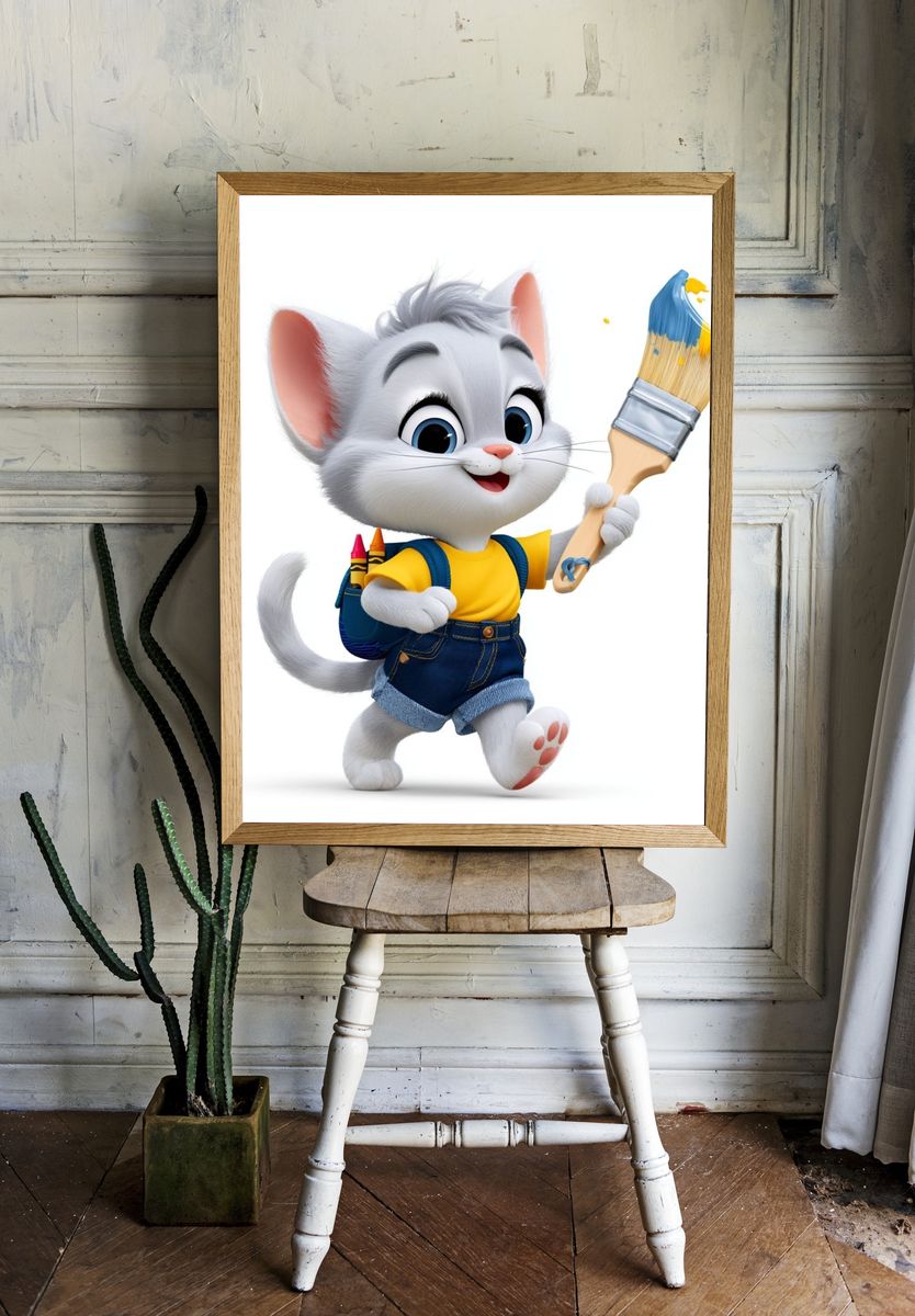 Cute Kitten Painter Illustration Poster. room preview