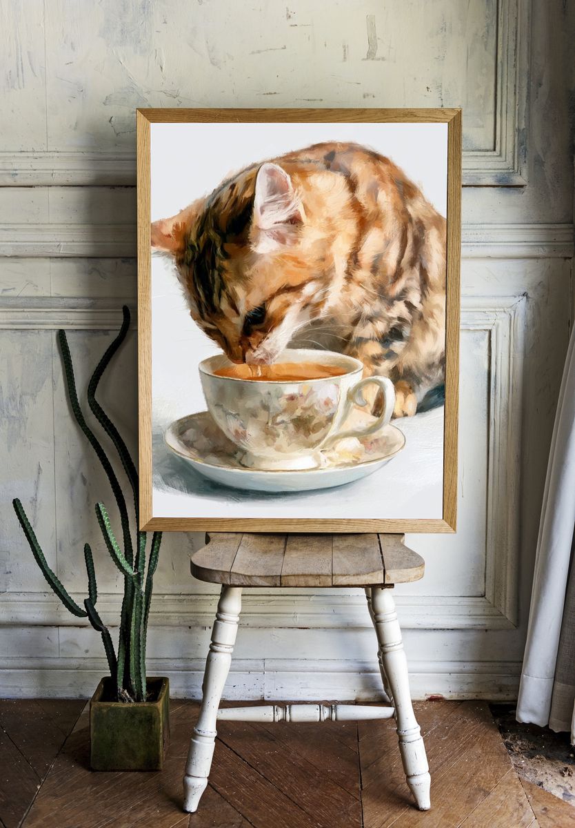 Cat and Teacup Illustration Poster. room preview
