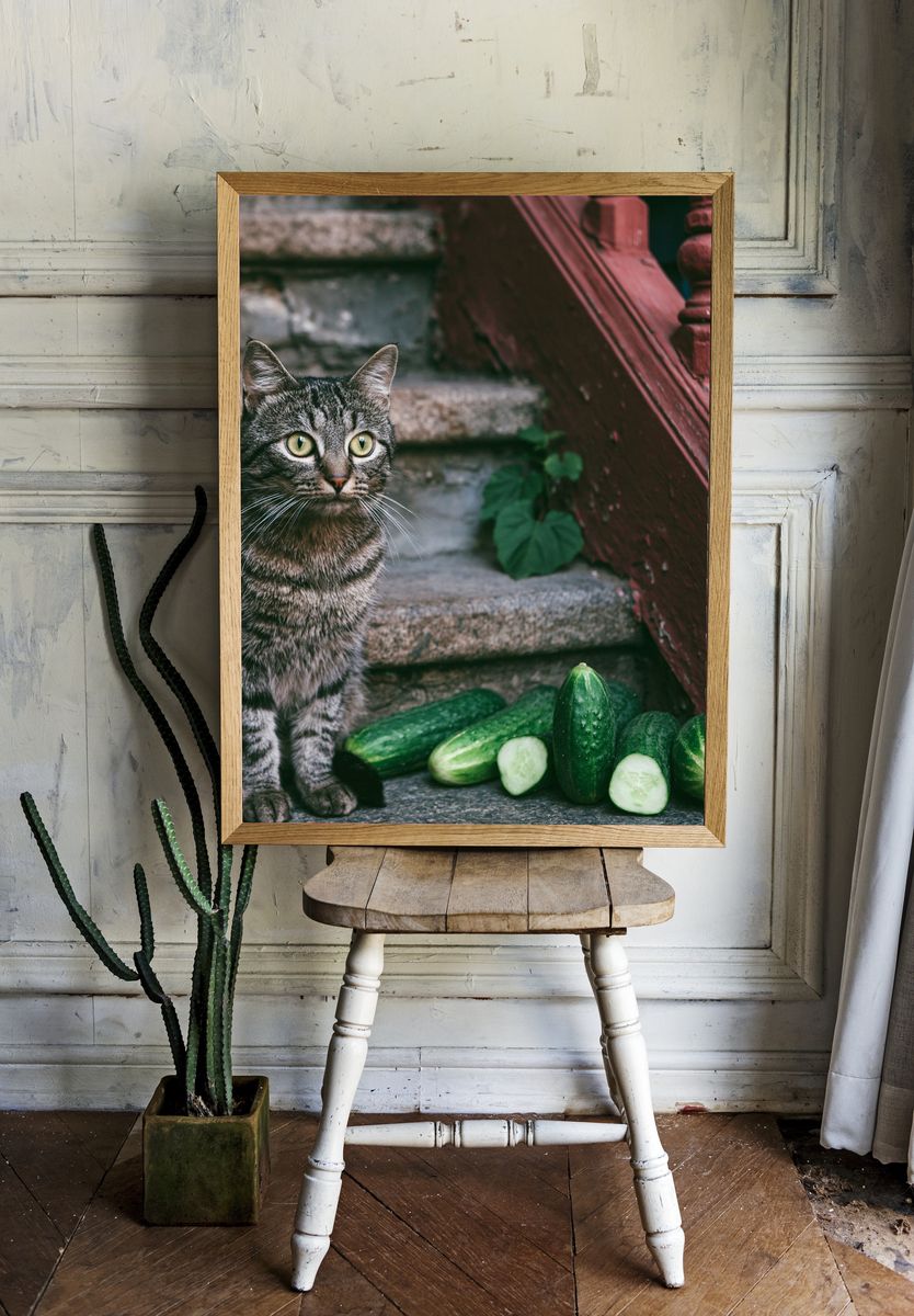 Tabby Cat with Cucumbers Photography Poster. room preview
