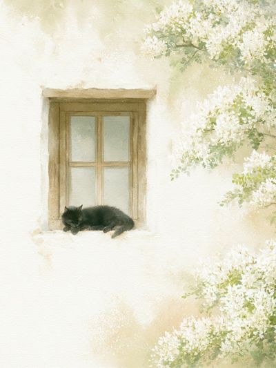 Sleeping Cat Window Watercolor Poster.